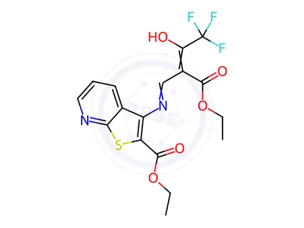 Chemical structure of ethyl 3-{[2-(ethoxycarbonyl)-4,4,4-trifluoro-3-oxobut-1-enyl]amino}thieno[2,3-b]pyridine-2-carboxylate