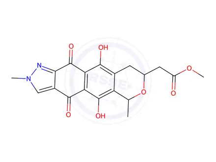 Chemical structure of 2,4,6,8,9,11-Hexahydro-5,10-dihydroxy-2,6-dimethyl-4,11-dioxo[2]benzopyrano[7,6-f]indazole-8-acetic acid methyl ester