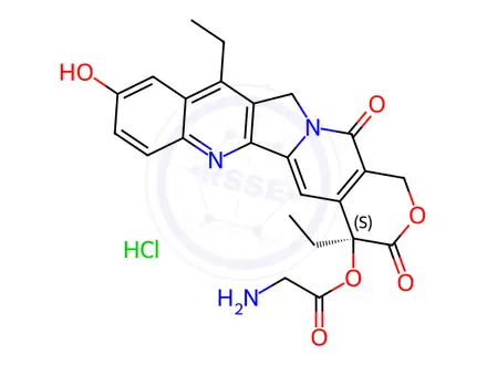 Chemical structure of Glycine, (4S)-4,11-diethyl-3,4,12,14-tetrahydro-9-hydroxy-3,14-dioxo-1H-pyrano[3',4':6,7]indolizino[1,2-b]quinolin-4-yl ester, hydrochloride (1:1)