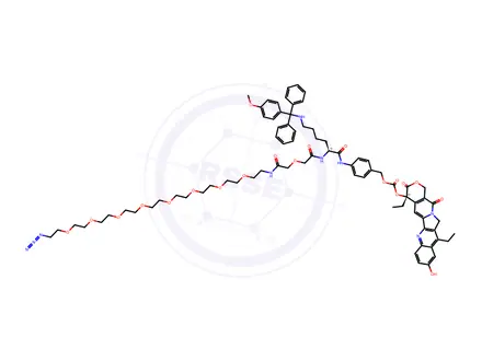 Chemical structure of SN38-PAB-Lys(MMT)-oxydiacetamide-PEG8-N3