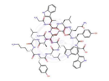 Chemical structure of (2S,5S,8S,11S,14S,17S,20S,23S,26S,29S,32S,35S,38S)-2,20-Bis((1H-indol-3-yl)methyl)-17-(2-amino-2-oxoethyl)-8-(3-amino-3-oxopropyl)-38-((S)-2-(2-aminoacetamido)-3-(1H-indol-3-yl)pro
