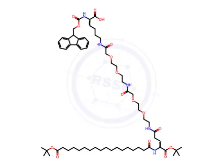 Chemical structure of Fmoc-L-Lys[Oct-(OtBu)-D-Glu-(OtBu)-AEEA-AEEA]-OH