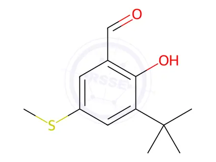 Chemical structure of Benzaldehyde, 3-(1,1-dimethylethyl)-2-hydroxy-5-(methylthio)-