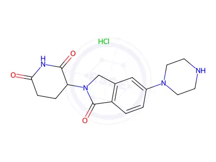 Chemical structure of 2,6-Piperidinedione, 3-[1,3-dihydro-1-oxo-5-(1-piperazinyl)-2H-isoindol-2-yl]-, hydrochloride (1:1)