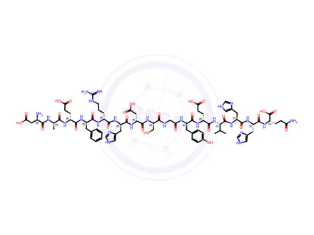 Chemical structure of (2S,5S,8S,11S,14S,17S,23S,26S,29S,32S,35S,38S,41S,44S)-5,8,29-Tris((1H-imidazol-5-yl)methyl)-44-amino-2-(3-amino-3-oxopropyl)-35-benzyl-14,38-bis(2-carboxyethyl)-26-(carboxymethyl)-32-(3-guanidinopropyl)-17-(4-hydroxybenzyl)-23-(hydroxymethyl)-11-isopropyl-41-methyl-4,7,10,13,16,19,22,25,28,31,34,37,40,43-tetradecaoxo-3,6,9,12,15,18,21,24,27,30,33,36,39,42-tetradecaazahexatetracontanedioic Acid