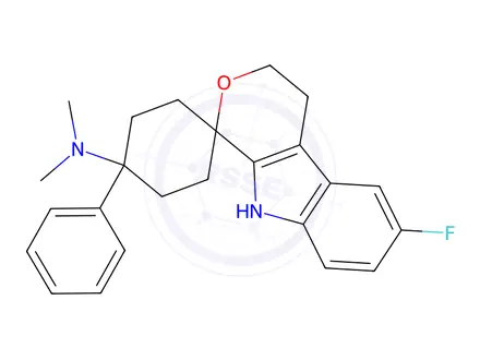 Chemical structure of rel-(1s,4s)-6'-Fluoro-N,N-dimethyl-4-phenyl-4',9'-dihydro-3'H-spiro[cyclohexane-1,1'-pyrano[3,4-b]indol]-4-amine