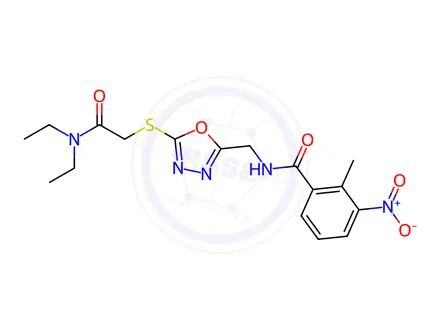 Chemical structure of N-[[5-[2-(diethylamino)-2-oxoethyl]sulfanyl-1,3,4-oxadiazol-2-yl]methyl]-2-methyl-3-nitrobenzamide