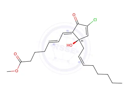 Chemical structure of (5E,7E,14Z)-10-Chloro-12-hydroxy-9-oxoprosta-5,7,10,14-tetren-1-oic acid methyl ester