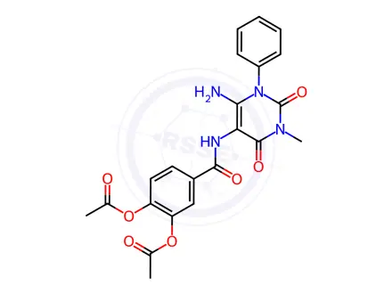 Chemical structure of 4-((6-Amino-3-methyl-2,4-dioxo-1-phenyl-1,2,3,4-tetrahydropyrimidin-5-yl)carbamoyl)-1,2-phenylene diacetate