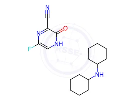 Chemical structure of 6 fluoro-3 hydroxy pyrizine-2-carbonitrile di cyclo hexamine Salt