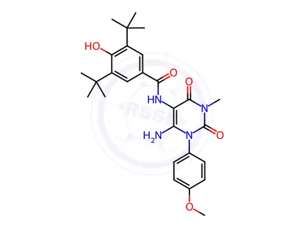 Chemical structure of N-(6-Amino-1-(4-methoxyphenyl)-3-methyl-2,4-dioxo-1,2,3,4-tetrahydropyrimidin-5-yl)-3,5-di-tert-butyl-4-hydroxybenzamide