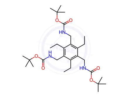 Chemical structure of Carbamic acid, N-[[3,5-bis[[[(1,1-dimethylethoxy)carbonyl]amino]methyl]-2,4,6-triethylphenyl]methyl]-, 1,1-dimethylethyl ester