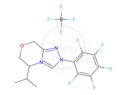 Chemical structure of 5-Isopropyl-2-(perfluorophenyl)-5,6-dihydro-8H-[1,2,4]triazolo[3,4-c][1,4]oxazin-2-ium tetrafluoroborate