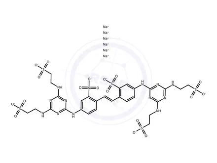 Chemical structure of Benzencnessulfonic acid, 2,2'-(1,2-ethenediyl)bis[5-[4,6-bis[(2-sulfoethyl)amino]-1,3,5-triazin-2-yl]amino]-, hexasodium salt