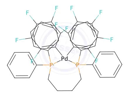 Chemical structure of [1,1'-(1,4-Butenediyl)bis[1,1-diphenylphosphine-κP]]bis(2,3,4,5,6-pentafluorophenyl)palladium