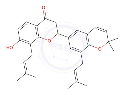 Chemical structure of [S,(-)]-2-[2,2-Dimethyl-8-(3-methyl-2-butenyl)-2H-1-benzopyran-6-yl]-2,3-dihydro-7-hydroxy-8-(3-methyl-2-butenyl)-4H-1-benzopyran-4-one