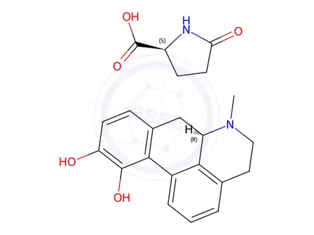 Chemical structure of 5-oxo-L-proline, compound with (R)-5,6,6a,7-tetrahydro-6-methyl-4H-dibenzo[de,g]quinoline-10,11-diol (1:1)