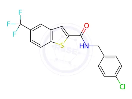 Chemical structure of N-[(4-Chlorophenyl)methyl]-5-(trifluoromethyl)-1-benzothiophene-2-carboxamide