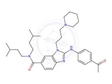 Chemical structure of 2-(4-Acetylphenylamino)-n,n-diisopentyl-1-(3-(piperidin-1-yl)propyl)-1h-benzo[d]imidazole-6-carboxamide