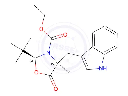 Chemical structure of (2S,4S)-2-(tert-Butyl)-3-(ethoxycarbonyl)-4-(indol-3-yl-methyl]-4-methyl-1,3-oxazolidin-5-one