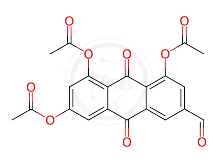 Chemical structure of 6-formyl-9,10-dioxo-9,10-dihydroanthracene-1,3,8-triyl triacetate