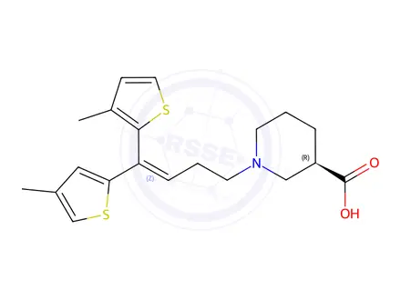 Chemical structure of (R,Z)-1-(4-(3-methylthiophen-2-yl)-4-(4-methylthiophen-2-yl)but-3-en-1-yl)piperidine-3-carboxylic acid