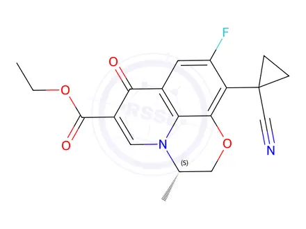 Chemical structure of Ethyl (S)-10-(1-cyanocyclopropyl)-9-fluoro-3-methyl-7-oxo-2,3-dihydro-7H-[1,4]oxazino[2,3,4-ij]quinoline-6-carboxylate