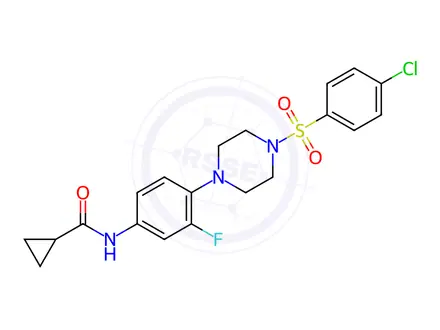 Chemical structure of N-(4-(4-((4-chlorophenyl)sulfonyl)piperazin-1-yl)-3-fluorophenyl)cyclopropanecarboxamide