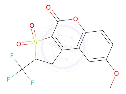 Chemical structure of 8-Methoxy-2-(trifluoromethyl)-1,2-dihydro-4H-thieno[2,3-c]chromen-4-one 3,3-dioxide