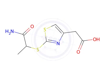 Chemical structure of 2-(2-((1-Amino-1-oxopropan-2-yl)thio)thiazol-4-yl)acetic acid