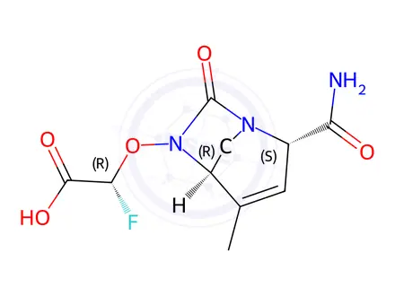 Chemical structure of (R)-2-(((1R,2S,5R)-2-Carbamoyl-4-methyl-7-oxo-1,6-diazabicyclo[3.2.1]oct-3-en-6-yl)oxy)-2-fluoroacetic Acid