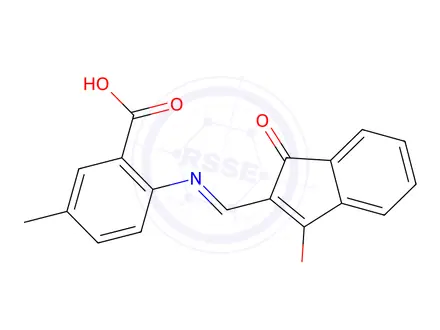 Chemical structure of 2-{[(1,3-dioxo-2,3-dihydro-1H-inden-2-ylidene)methyl]amino}-5-methylbenzoic acid
