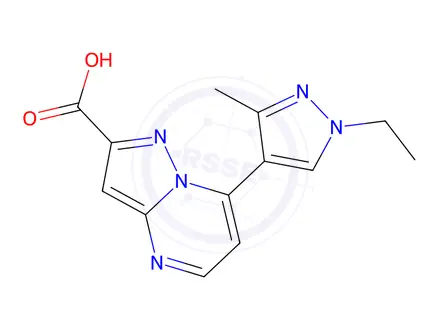 Chemical structure of 7-(1-Ethyl-3-methyl-1H-pyrazol-4-yl)-pyrazolo[1,5-a]pyrimidine-2-carboxylic acid