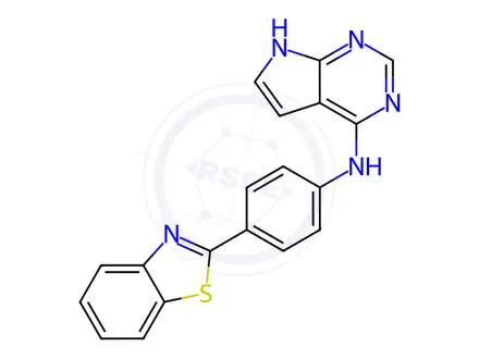 Chemical structure of N-(4-(Benzo[d]thiazol-2-yl)phenyl)-7H-pyrrolo[2,3-d]pyrimidin-4-amine