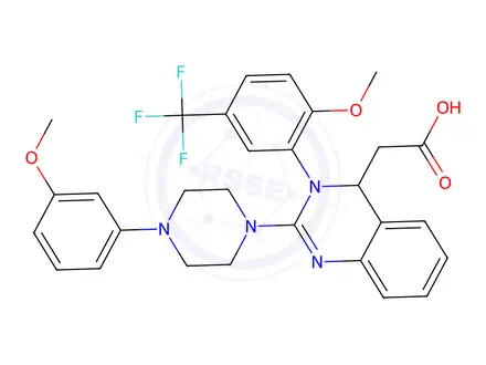 Chemical structure of (RS)-2-(3-(2-methoxy-5-(trifluoromethyl)phenyl)-2-(4-(3-methoxyphenyl)piperazin-1-yl)-3,4-dihydroquinazolin-4-yl) acetic acid