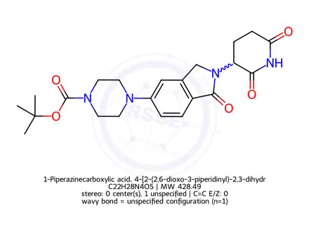 Chemical structure of 1-Piperazinecarboxylic acid, 4-[2-(2,6-dioxo-3-piperidinyl)-2,3-dihydro-1-oxo-1H-isoindol-5-yl]-, 1,1-dimethylethyl ester