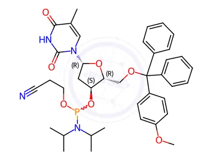 Chemical structure of Thymidine, 5'-O-[(4-methoxyphenyl)diphenylmethyl]-, 3'-[2-cyanoethyl N,N-bis(1-methylethyl)phosphoramidite]