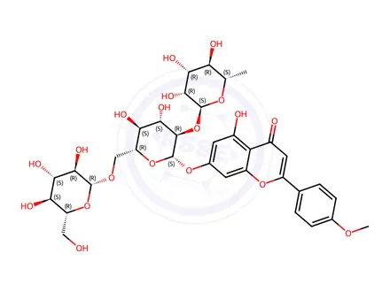 Chemical structure of Fortunellin-6''-beta-D-glucopyranoside (Acacetin-7-O-[2''-O-rhamnosyl-6''-O-glucosyl]-glucoside)