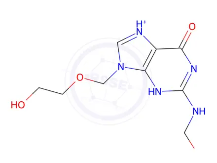 Chemical structure of 9-((2-hydroxyethoxy)methyl)-2-((hydroxymethyl)amino)-6-oxo-6,9-dihydro-3H-purin-7-ium