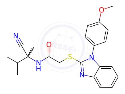 Chemical structure of N-(2-Cyano-3-methylbutan-2-yl)-2-((1-(4-methoxyphenyl)-1H-benzo[d]imidazol-2-yl)thio)acetamide