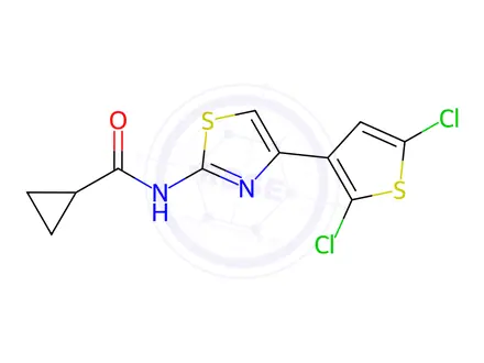 Chemical structure of N-(4-(2,5-Dichlorothiophen-3-yl)thiazol-2-yl)cyclopropanecarboxamide