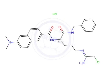 Chemical structure of N-[(1S)-4-[(2-chloro-1-iminoethyl)amino]-1-[[(phenylmethyl)amino]carbonyl]butyl]-6-(dimethylamino)-2-naphthalenecarboxamide,monohydrochloride