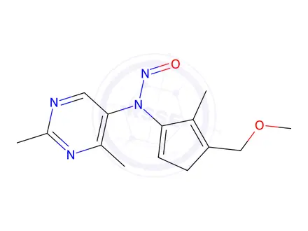 Chemical structure of N-(2,4-dimethylpyrimidin-5-yl)-N-(4-(methoxymethyl)-5-methylcyclopenta-1,4-dien-1-yl)nitrous amide