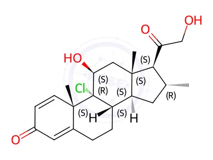 Chemical structure of Pregna-chloror1,4-diene-3,20-dione, 9-chloro-alpha11,21-dihydroxy-16-methyl-, (11beta,alpha 16alpha)