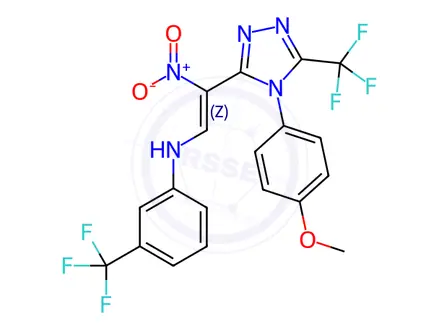 Chemical structure of N-[(Z)-2-[4-(4-Methoxyphenyl)-5-(trifluoromethyl)-4H-1,2,4-triazol-3-yl]-2-nitroethenyl]-3-(trifluoromethyl)aniline