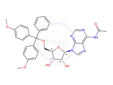 Chemical structure of N-(9-((2R,3R,4S,5R)-5-((Bis(4-methoxyphenyl)(phenyl)methoxy)methyl)-3,4-dihydroxytetrahydrofuran-2-yl)-9H-purin-6-yl)acetamide