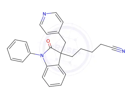 Chemical structure of 2,3-dihydro-2-oxo 1-phenyl-3-(4-pyridinylmethyl)-1H-indole-3-pentanenitrile