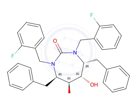 Chemical structure of (4R,5S,6S,7R)-4,7-dibenzyl-1,3-bis[(2-fluorophenyl)methyl]-5,6-dihydro xy-1,3-diazepan-2-one