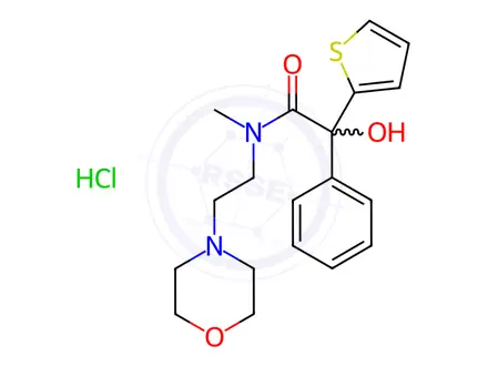 Chemical structure of Phenyl-2 alpha-thienyl-2 hydroxy-2 N-(morpholino-2 ethyl)N-methylaceta mide chlorhydrate