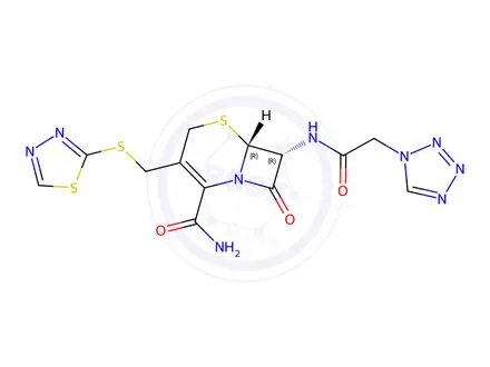 Chemical structure of (6R,7R)-3-(((1,3,4-thiadiazol-2-yl)thio)methyl)-7-(2-(1H-tetrazol-1-yl)acetamido)-8-oxo-5-thia-1-azabicyclo[4.2.0]oct-2-ene-2-carboxamide
